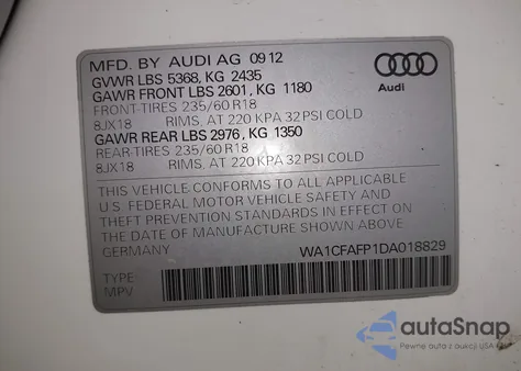 2013 Audi Q5 2.0T Premium из США, поврежденный, VIN WA1CFAFP1DA018829